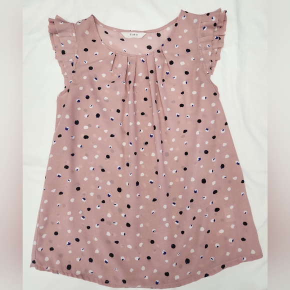 Iora Women's Crewneck, Ruffled Capped Sleeve Blouse Pink Polka Dot Size Large - Picture 2 of 5